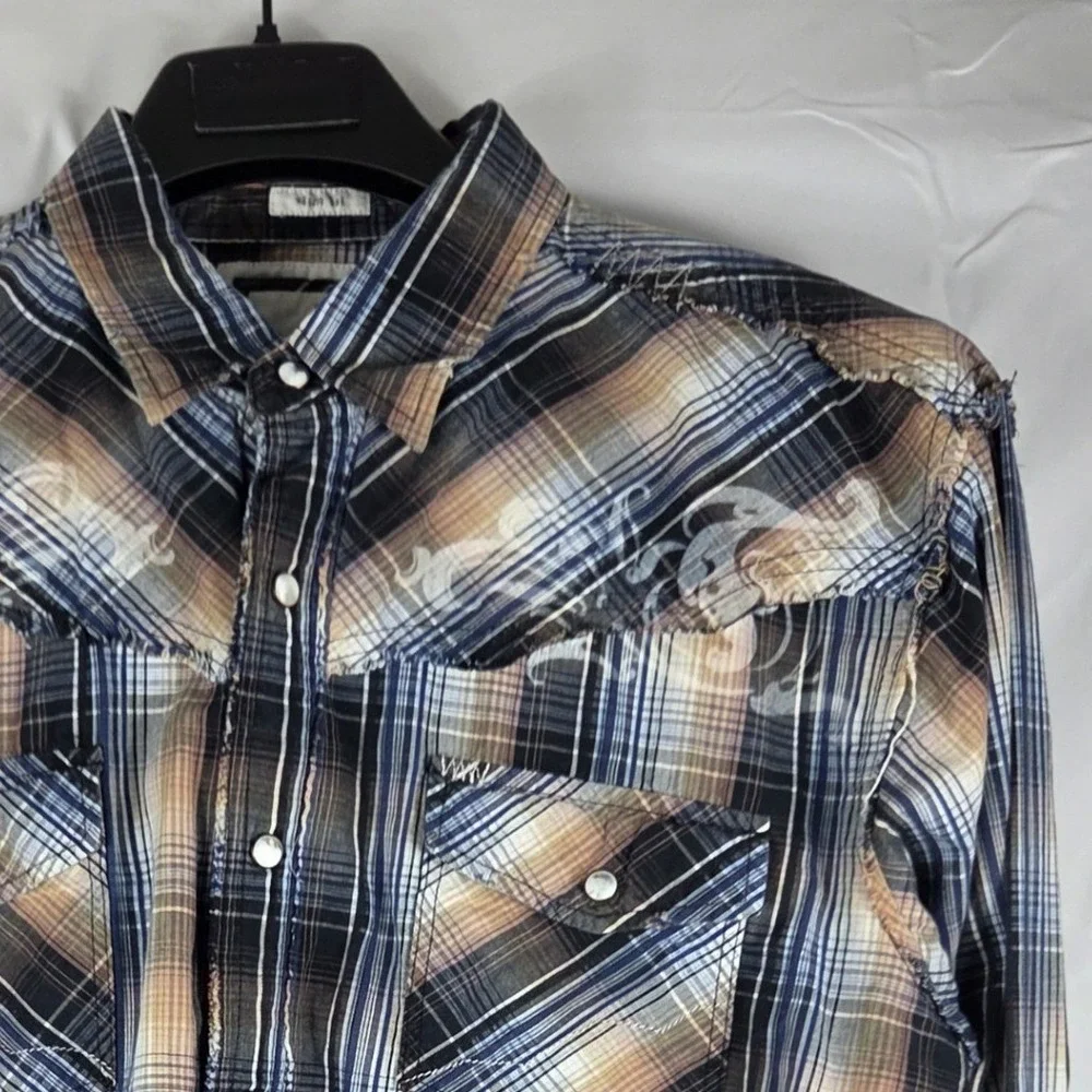 BKE Slim Fit Mens Western Snap Shirt XL Plaid Distressed Embroidered Blue Tan